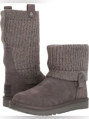 UGG Saela Rib Knit Grey Boots Sz 7 NWOT